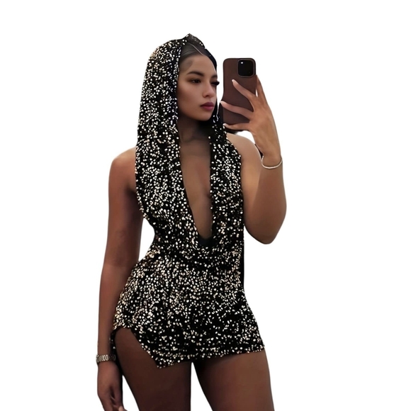 Other - Women Sexy V-Neck Bodycon Sequin Mini Dress Hooded Sparkly Dresses for Party Clu